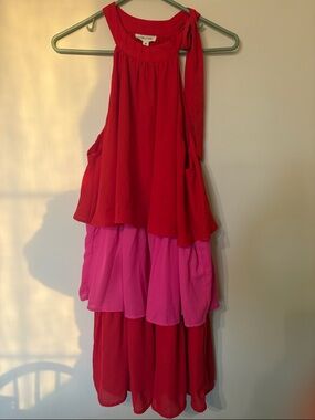Main Strip Red and Pink Tiered Midi Dress